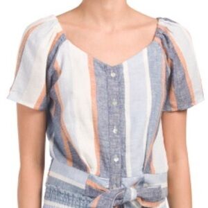 NWT Anthropologie Drew Short Sleeved Linen Blend Striped Blue Top Size XS